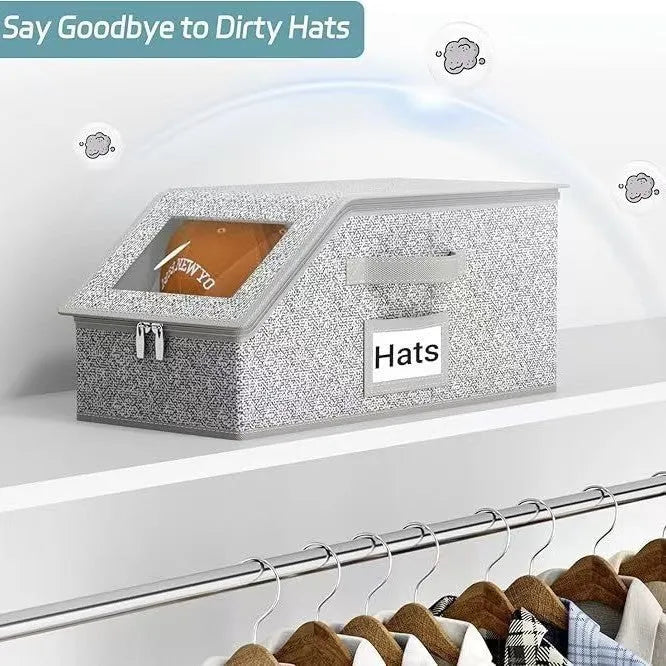 Grey foldable and stackable woven fabric storage box with lid for baseball caps and organisation.