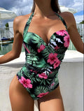 Women's printed halter neck one-piece swimsuit with backless conservative design