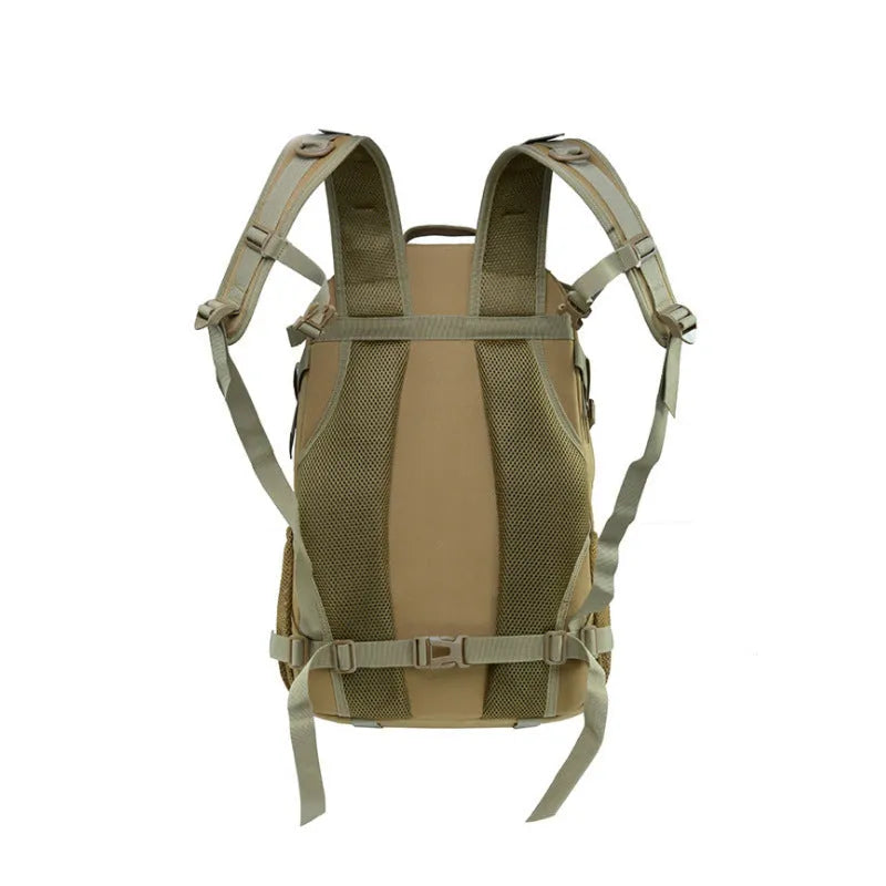 Khaki Oxford cloth mountaineering backpack with air pillow belt system on a rocky trail.