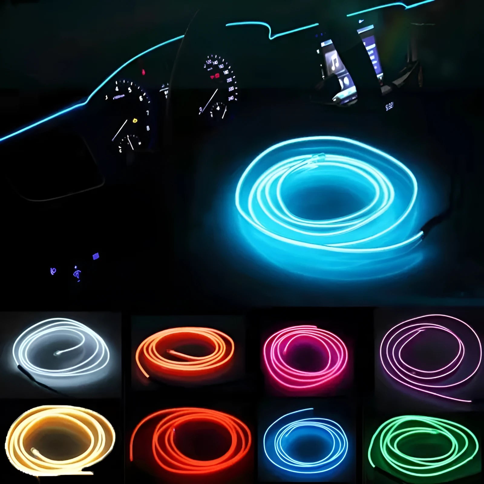 6-metre USB LED car ambient light cable showing flexible installation along vehicle dashboard