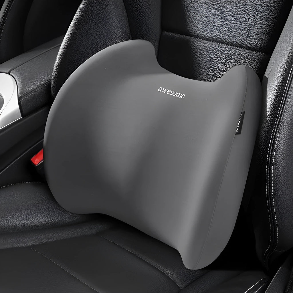 Grey and black memory foam car headrest and lumbar support pillows with cotton covers