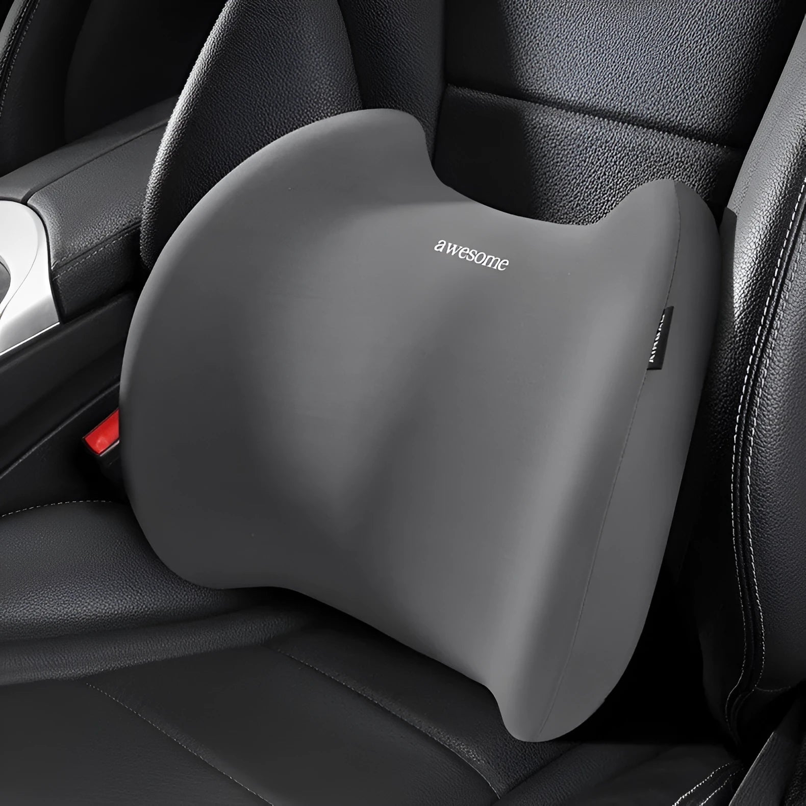 Grey and black memory foam car headrest and lumbar support pillows with cotton covers