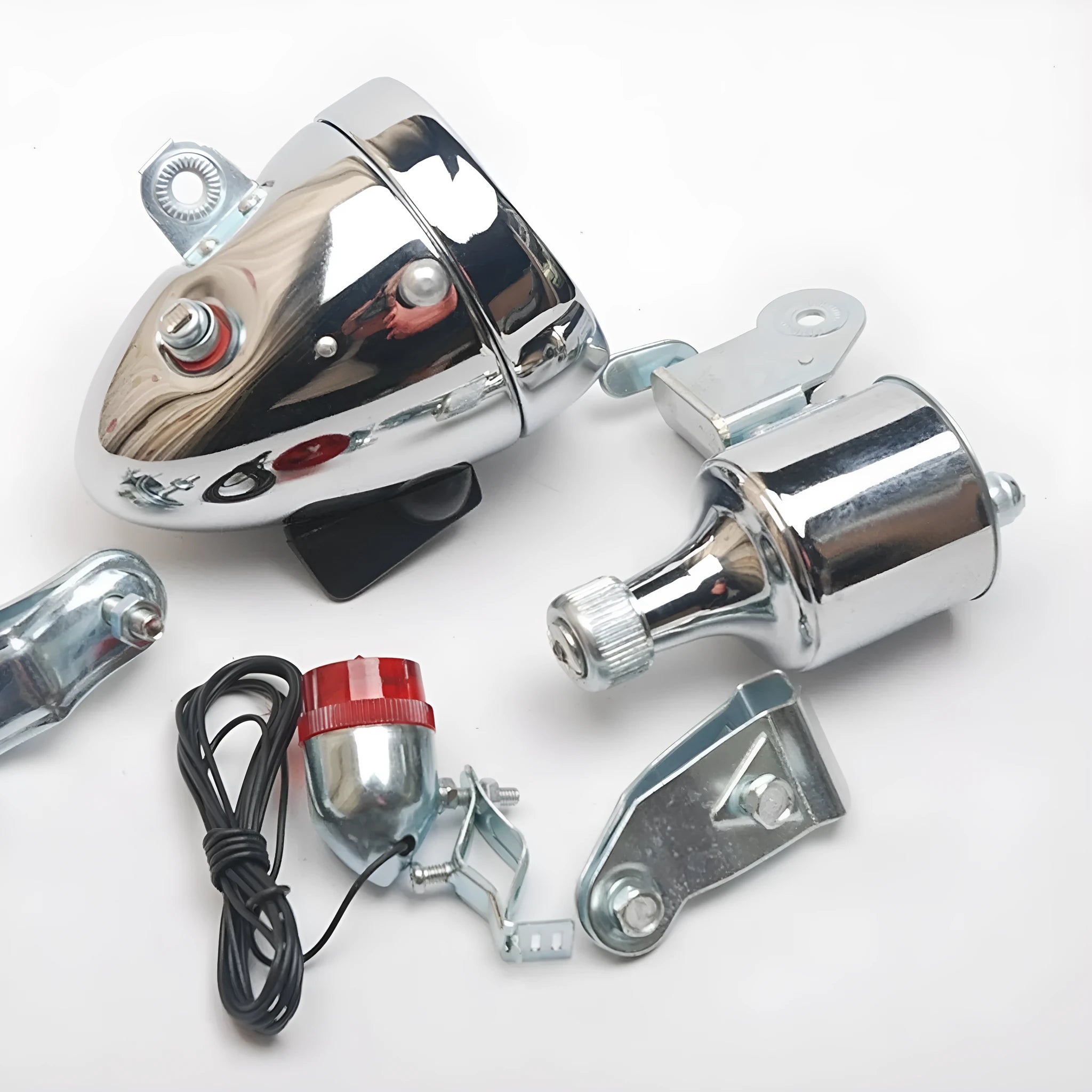 Silver bicycle dynamo generator light modification kit with wiring for headlight and tail light connections.