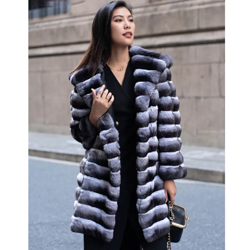 Women's zebra stripe faux fur overcoat with artificial mink hair fabric, mid-length design