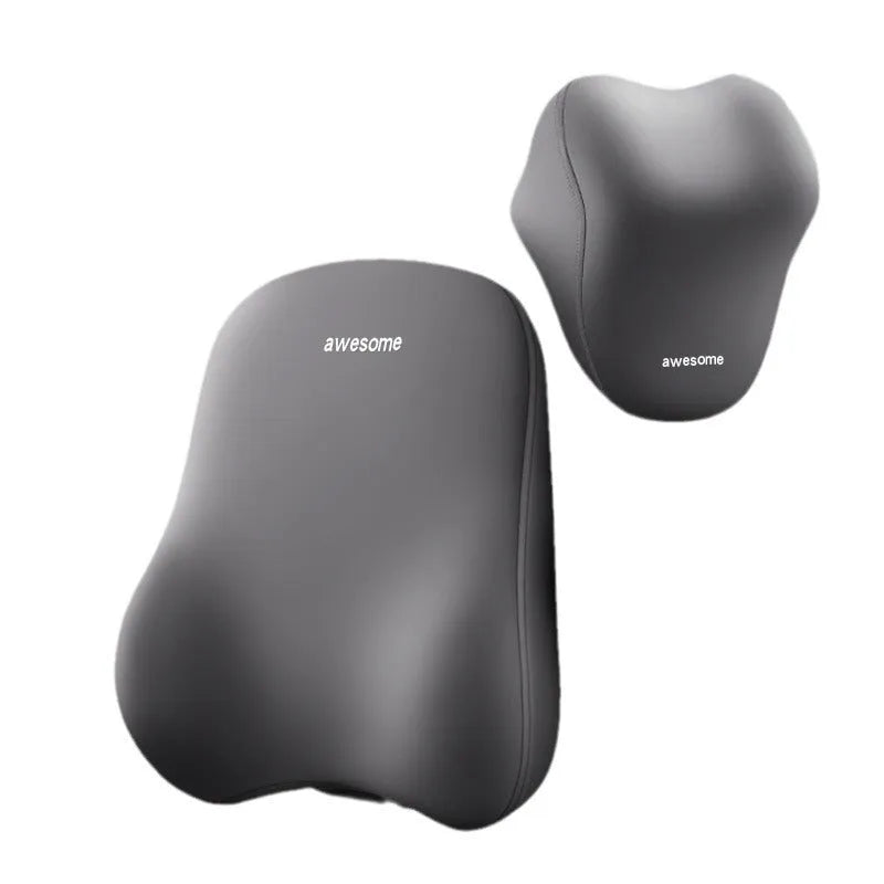 Automotive memory foam headrest and lumbar support pillows in black, gray, and beige colour options