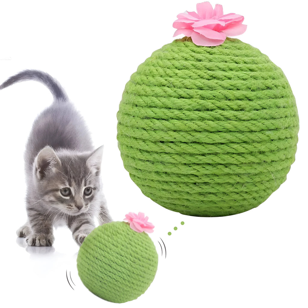 Green cactus-shaped cat tumbler scratcher with sisal ball on a tree tower