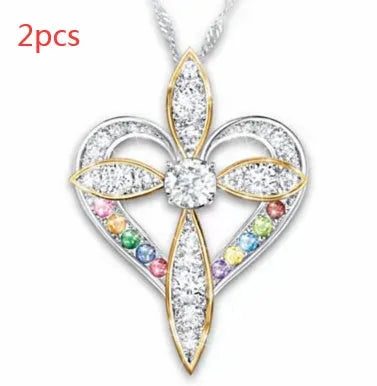 Alloy heart shaped cross pendant necklace on adjustable clavicle chain, unisex style, electroplated finish