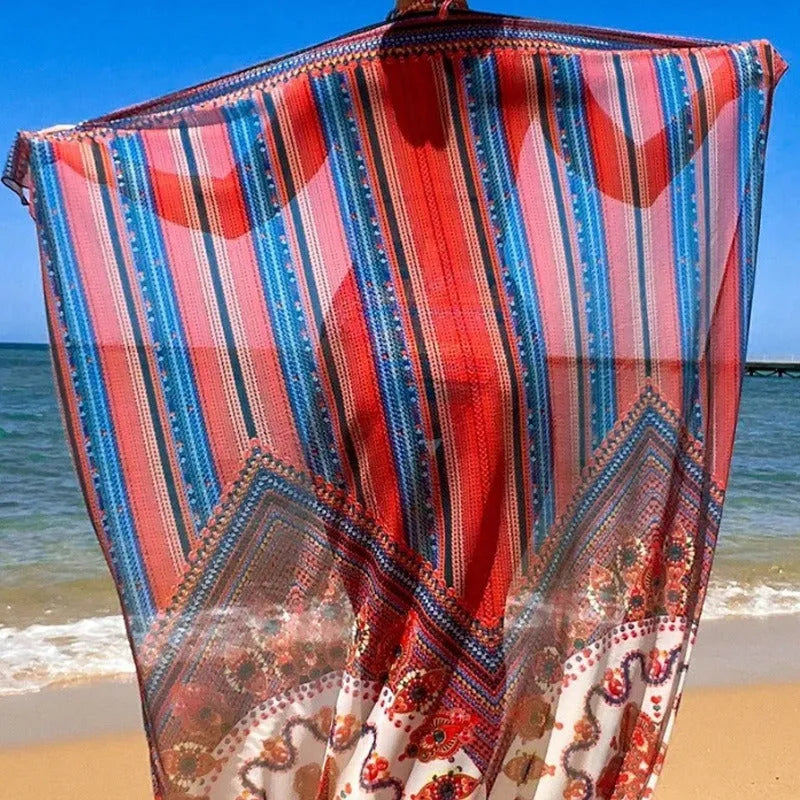 Women's three-piece swimsuit set showing high-waisted briefs, a sleeveless cutout blouse top, and a matching long coat.