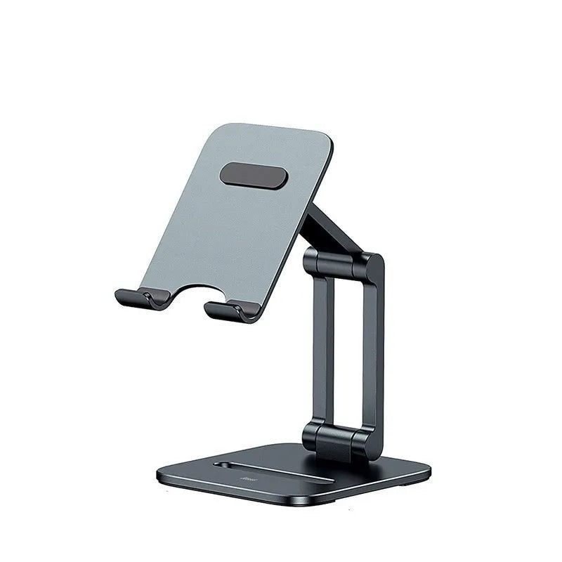 Deep space grey aluminium alloy folding stand for phones and tablets shown in two size options