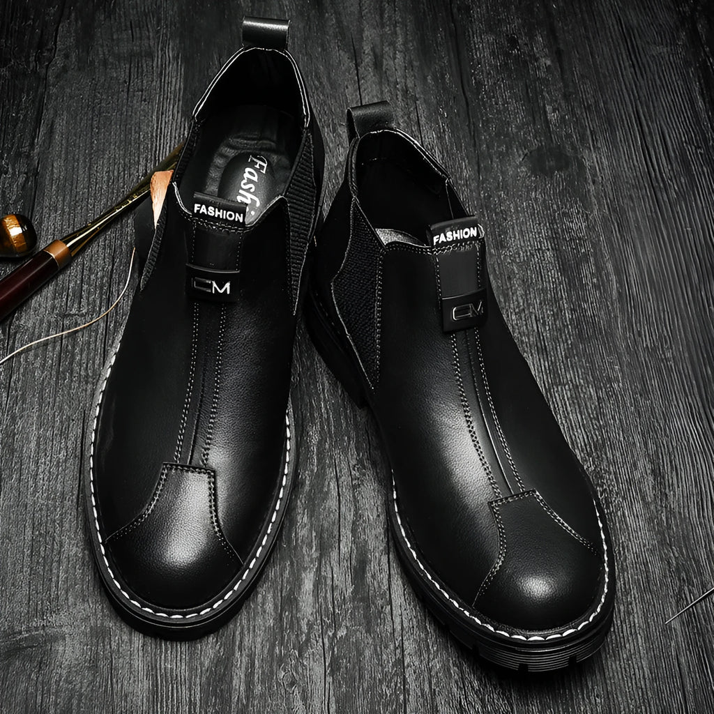 Men's retro British platform business casual shoes black artificial PU upper round toe low heel height increasing waterproof boots