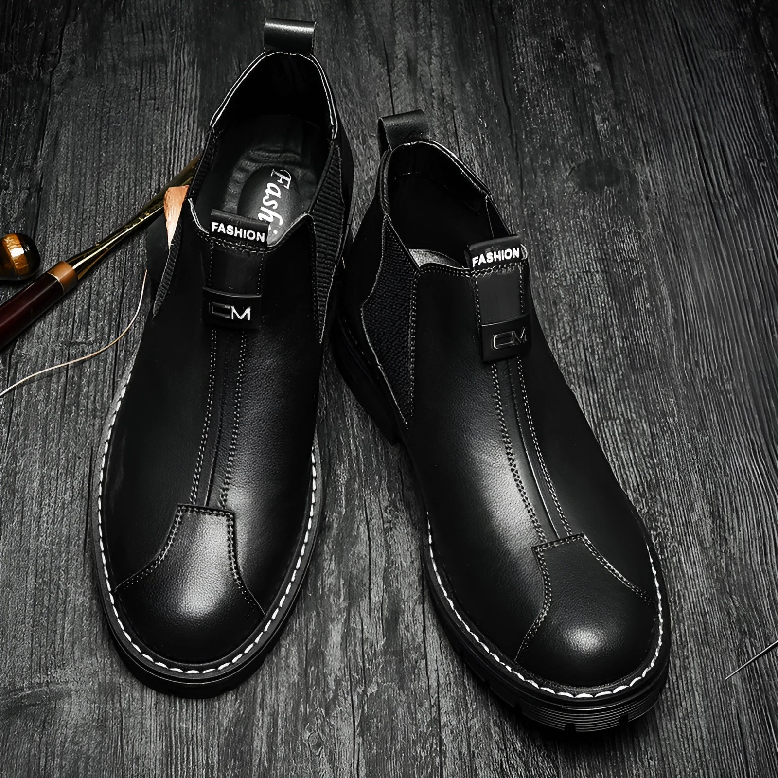 Men's retro British platform business casual shoes black artificial PU upper round toe low heel height increasing waterproof boots