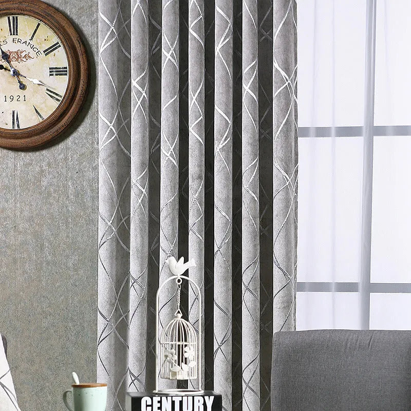 Modern minimalist chenille blackout curtain in water cube grey colour, jacquard woven texture