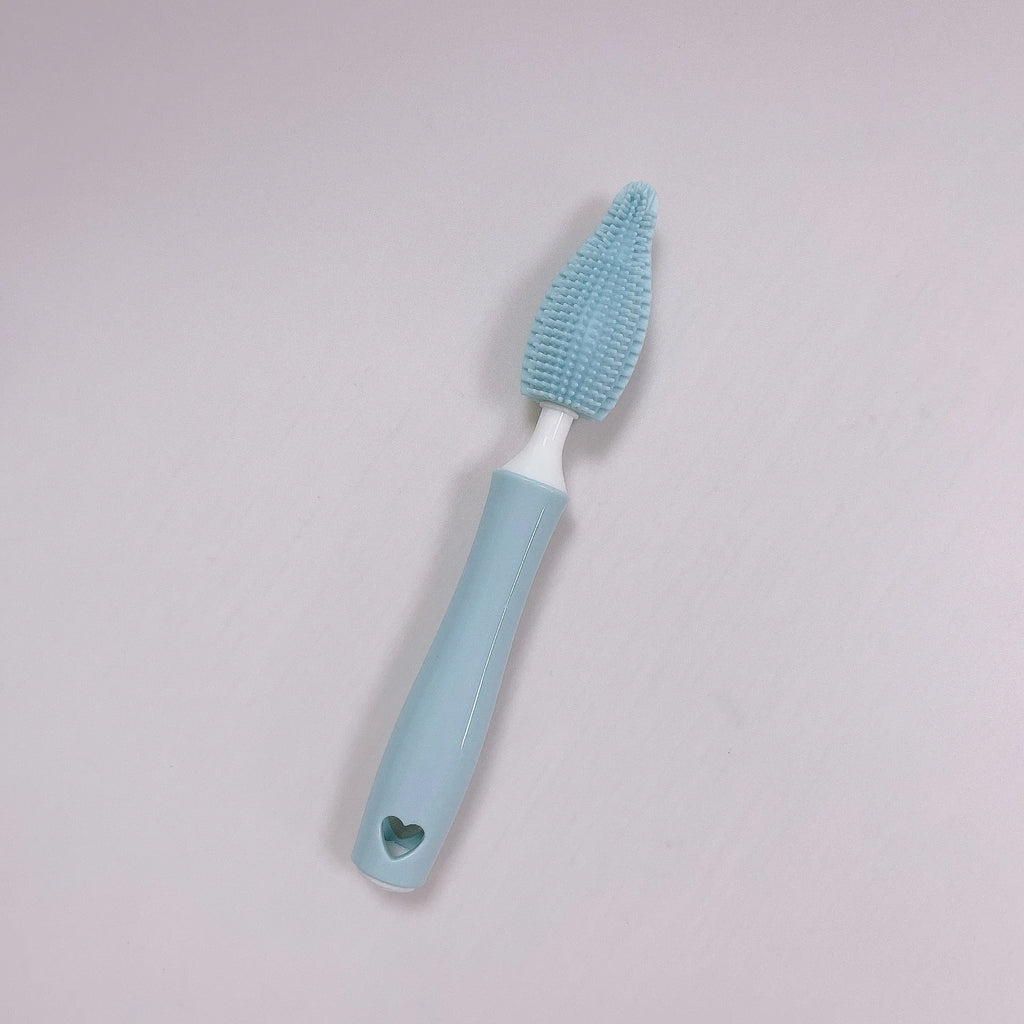 Silicone baby bottle brush set with three brushes including straw cleaner in blue pink yellow colours