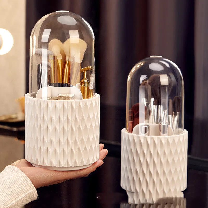 Transparent rotating makeup brush holder with white base and dust-proof lid