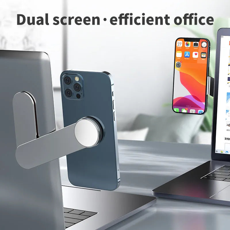 Silver aluminum alloy dual screen extension bracket with magnetic phone holder on desktop