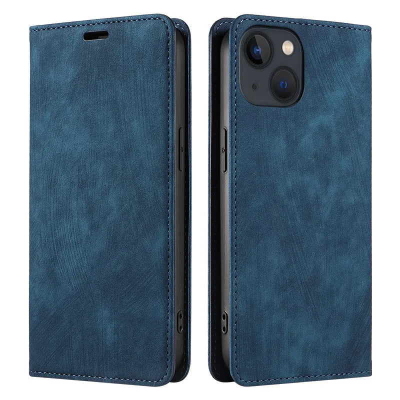 Magnetic flip phone case in synthetic leather showing closed front cover and open view revealing card slot for iPhone.