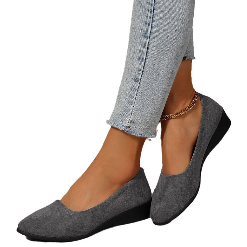 Women's suede shallow mouth wedge pumps with pointed toe and low rubber heel in multiple colours