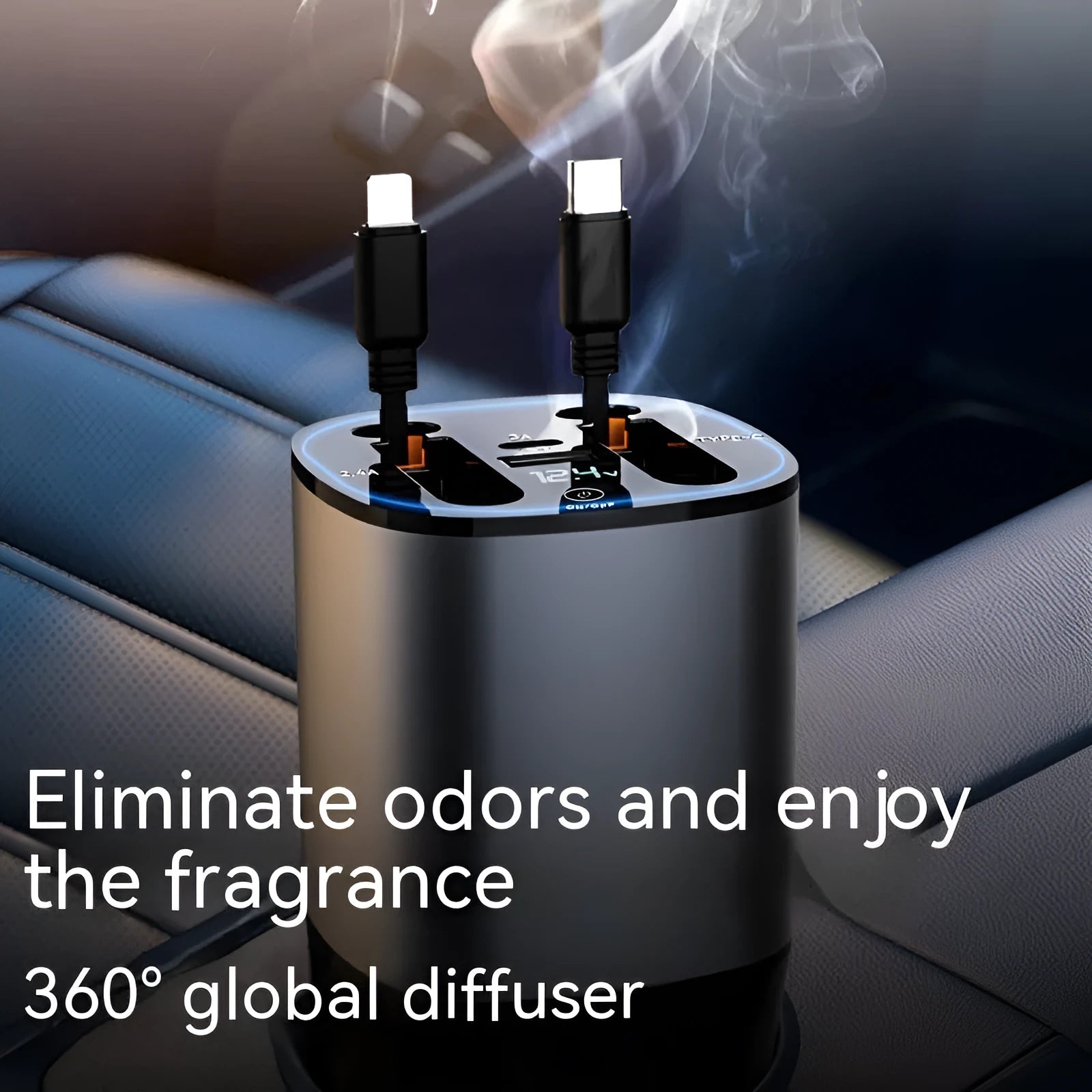 Grey matte black cup car charger with retractable cable and multiple charging ports