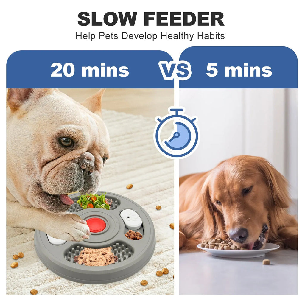 Blue and grey plastic slow feeder bowl for pets with anti-slip base and textured feeding surface.