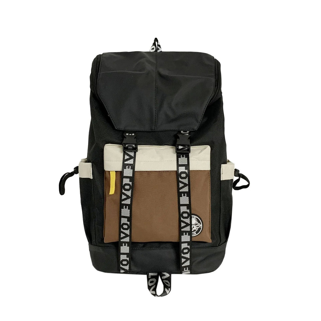 Oxford cloth backpack in black shown with handheld grip and shoulder straps.