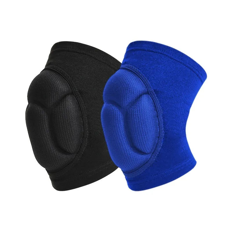 Black and blue pair of thick sponge knee pads for sports protection on a neutral background.
