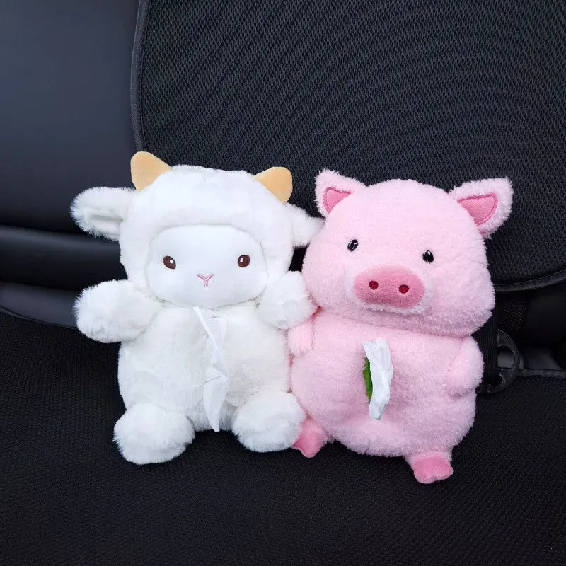 Cartoon lamb plush car tissue box cover for vehicle dashboard or home decoration.