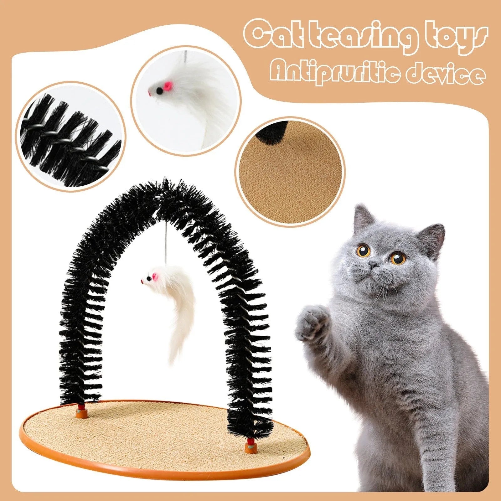 Black arch-shaped cat scratching post with brush, attached plush mouse toy, and non-slip base.