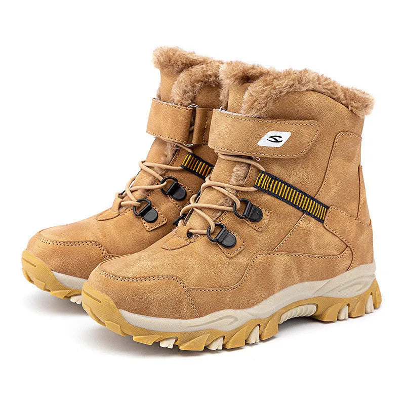Hobby Bear black children's Martin boots with velcro buckle on a non-slip rubber sole.