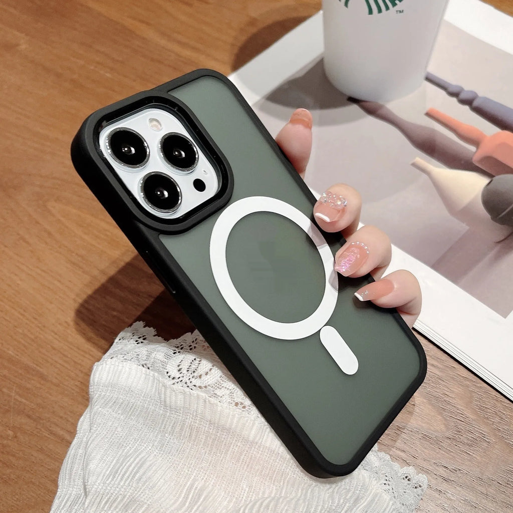 Magnetic matte frosted PC phone case for iPhone 15 Pro Max in black colour with back magnetic ring visible