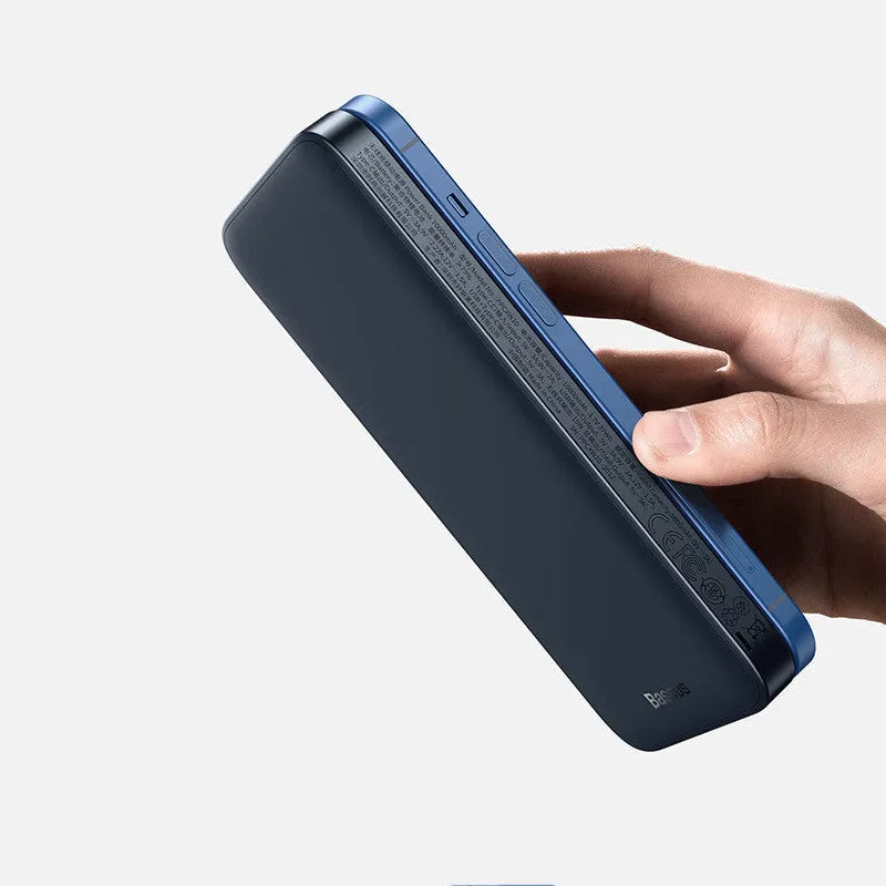 Blue MagSafe magnetic wireless power bank with LCD display showing battery percentage