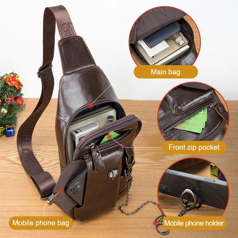 Genuine leather men's messenger bag in a vertical square shape with magnetic buckle and first layer cowhide texture in brown