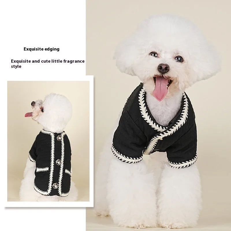 Cartoon-style quilted dog coat in light purple colour on mannequin