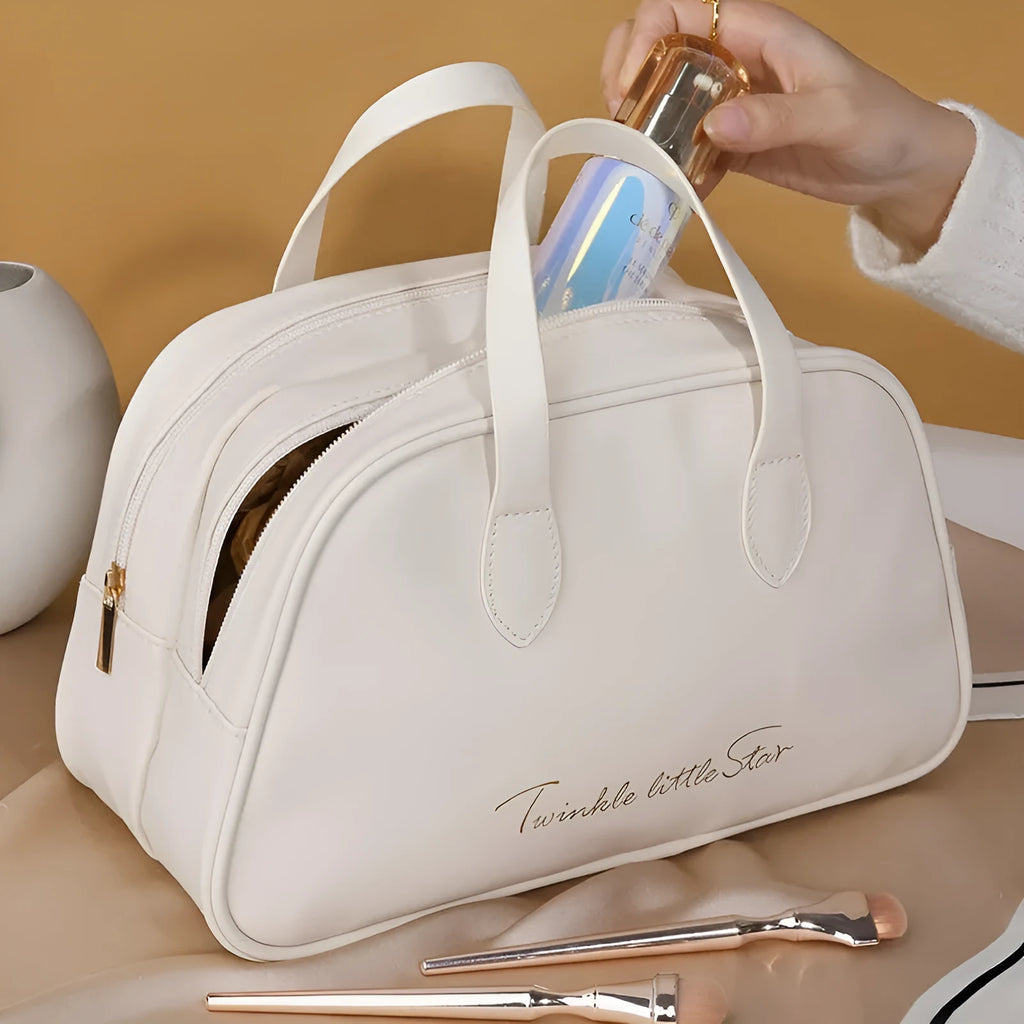 Large capacity PU leather travel toiletry bag in caramel mocha colour with expansion zipper