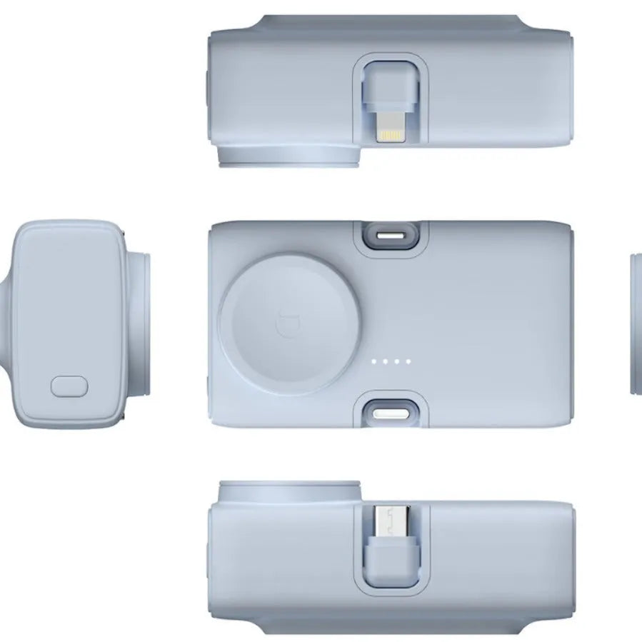 White plastic compact power bank showing 5000mAh capacity and 10.5x5x6cm dimensions