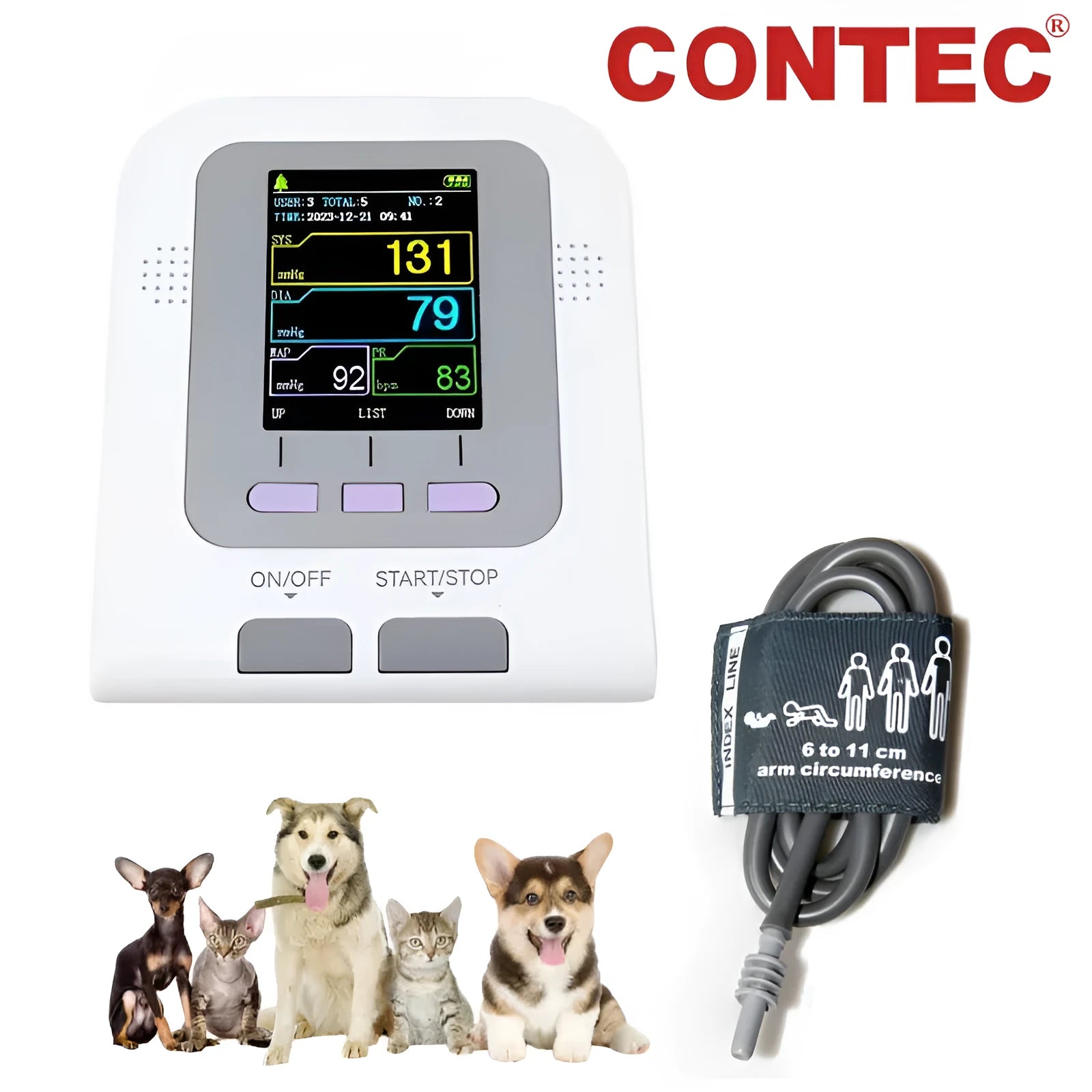 CONTEC08A veterinary digital blood pressure monitor unit with colour screen and detachable cuff