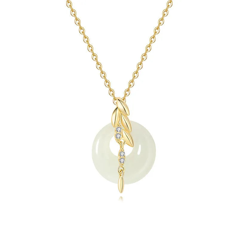 Chinese style wheat necklace with 925 silver chain and jade-inlaid pendant on white background
