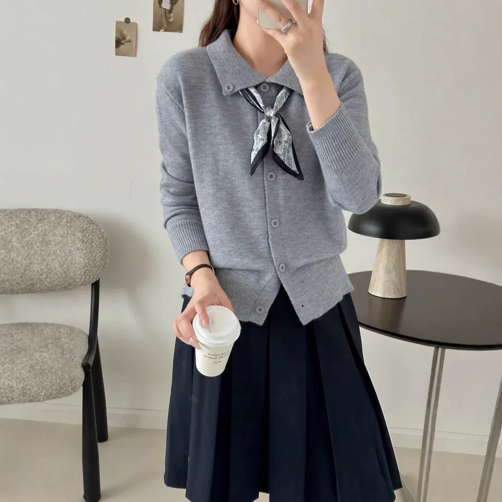 Beige lapel scarf sweater cardigan with splicing design and long sleeves