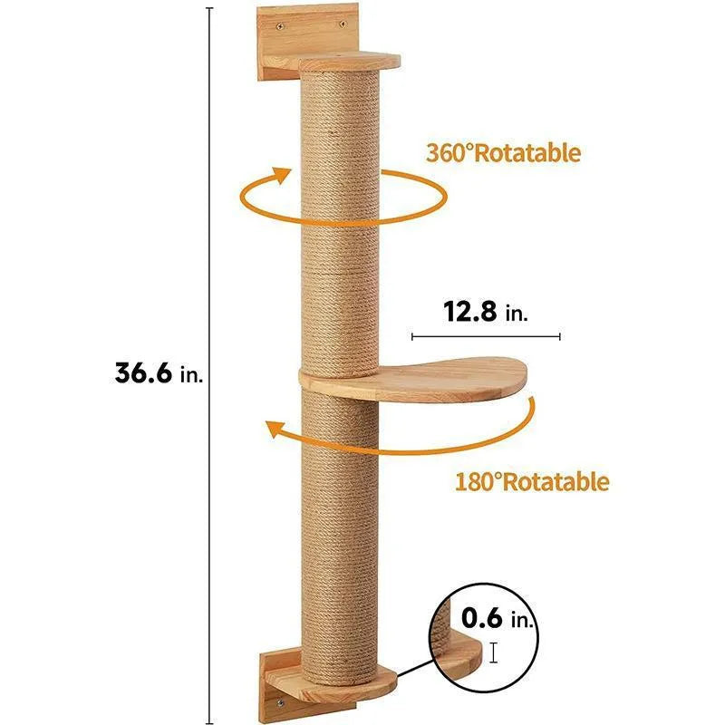 Khaki coloured wooden cat climbing frame mounted on wall with hanging jumping platform