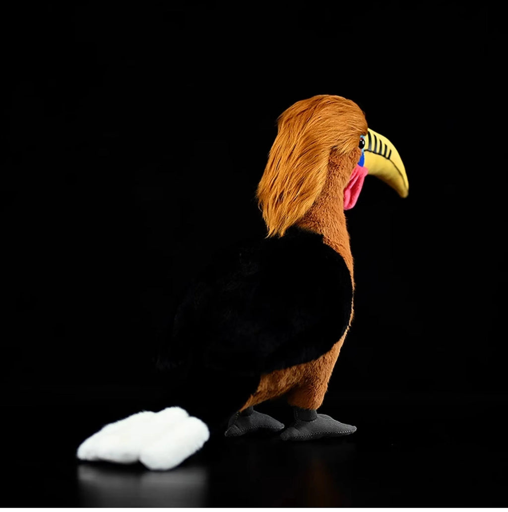 Soft brown necked hornbill plush toy standing 30cm tall on a white background