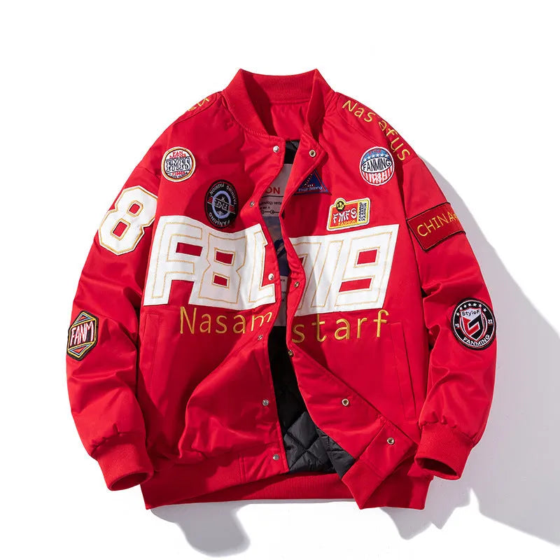 Black loose-fit motorcycle baseball jacket with detachable hood on a hanger