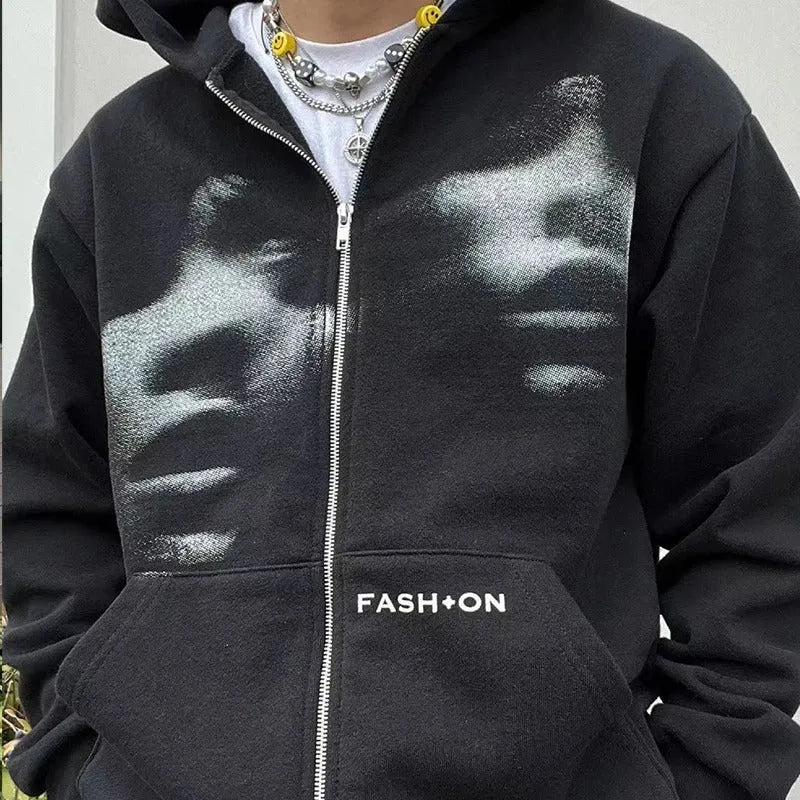 Black Y2K Korean style loose fit zip hoodie for men women teenagers