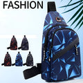 Men's blue print sling chest bag with a visible earphone hole and a single adjustable strap.