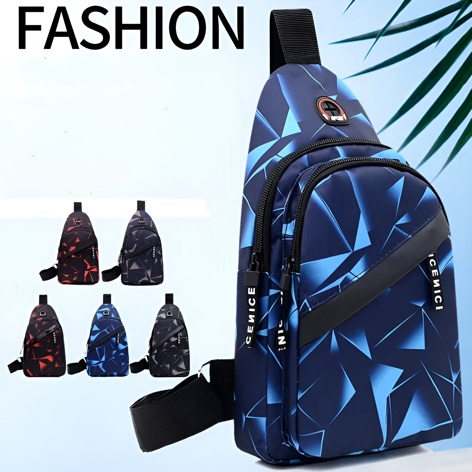 Men's blue print sling chest bag with a visible earphone hole and a single adjustable strap.