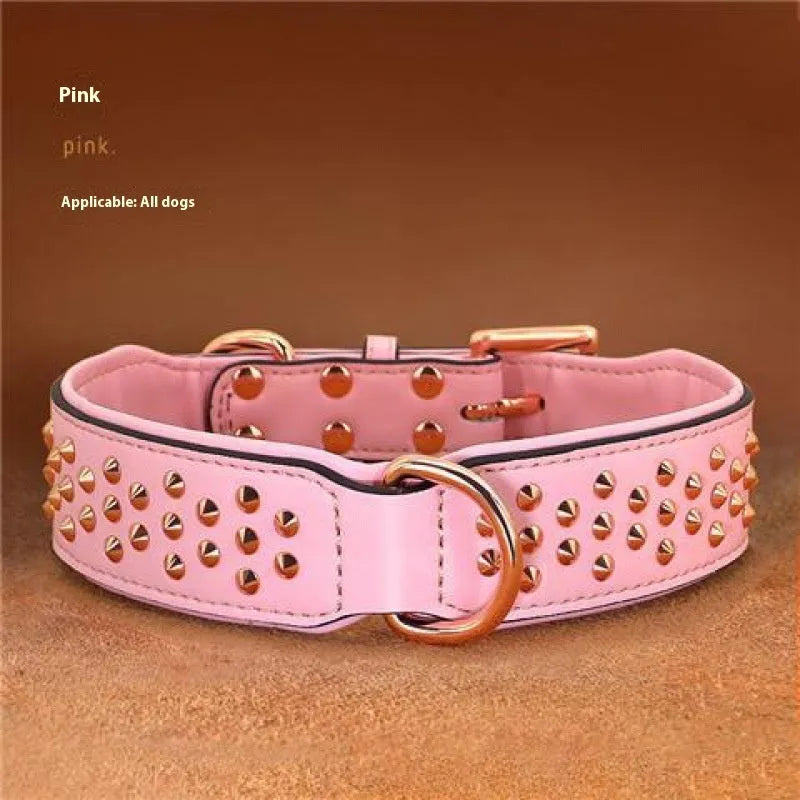 Leather dog collar with metal rivets in black, shown on a size chart with chocolate and pink colour options.