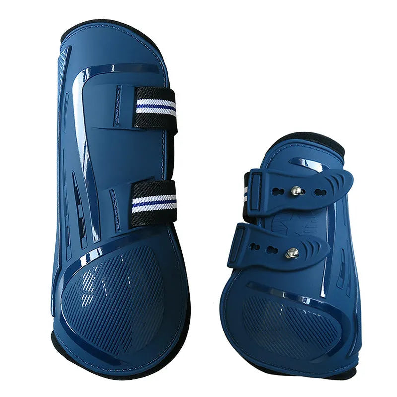 No 9 colour barrier horse leg guards showing PU hard shell and neoprene with air holes, in blue colour.