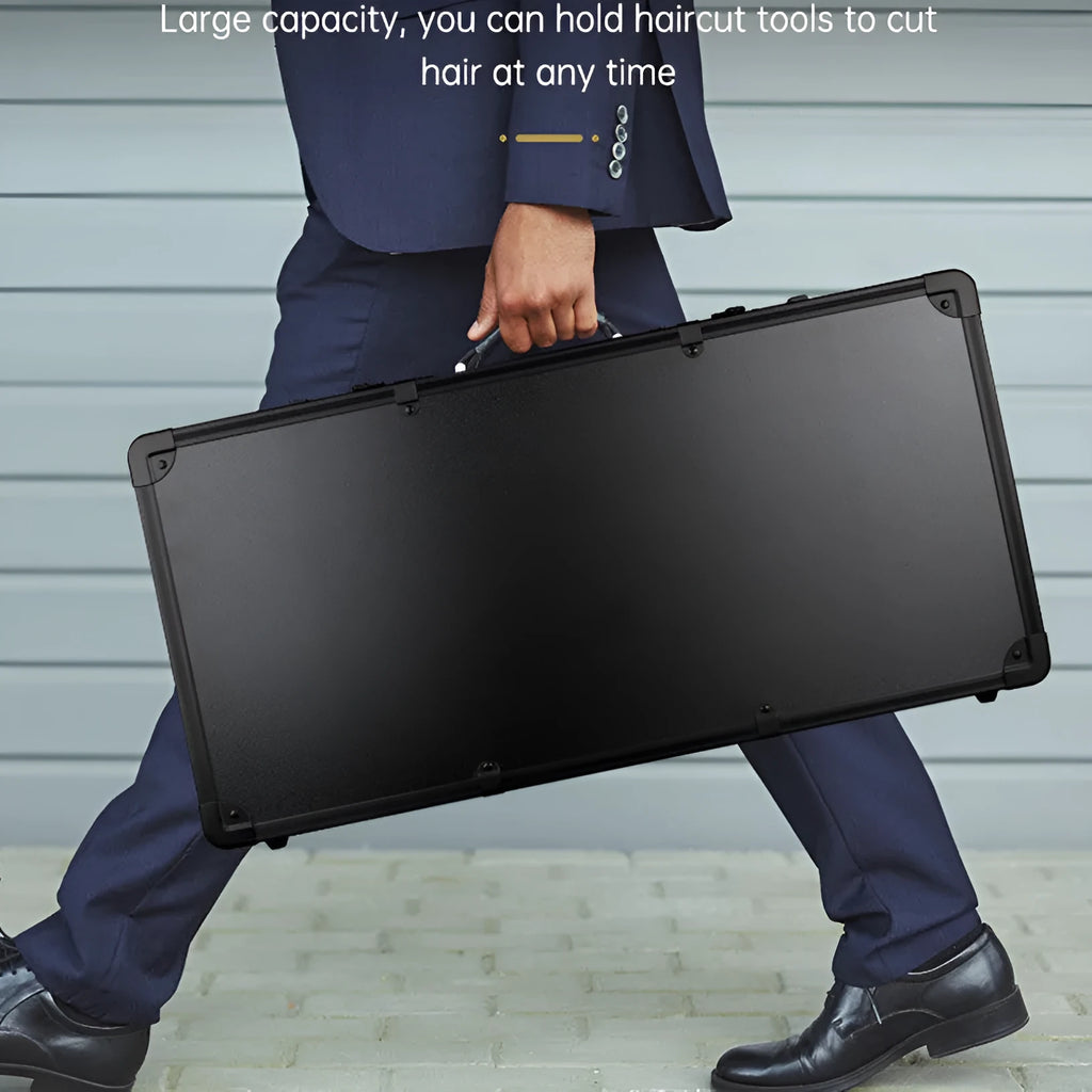 Black PVC hair tools storage suitcase with password lock and metal reinforced corners