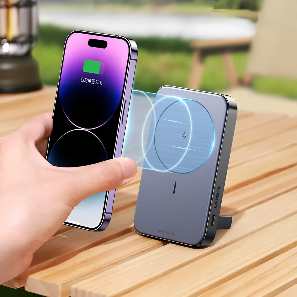 Compact magnetic charging power bank with integrated bracket showing 10000mAh capacity and C-C charging cable