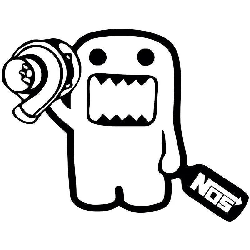 Black and white cartoon design PVC car sticker measuring 15 by 12 centimetres.