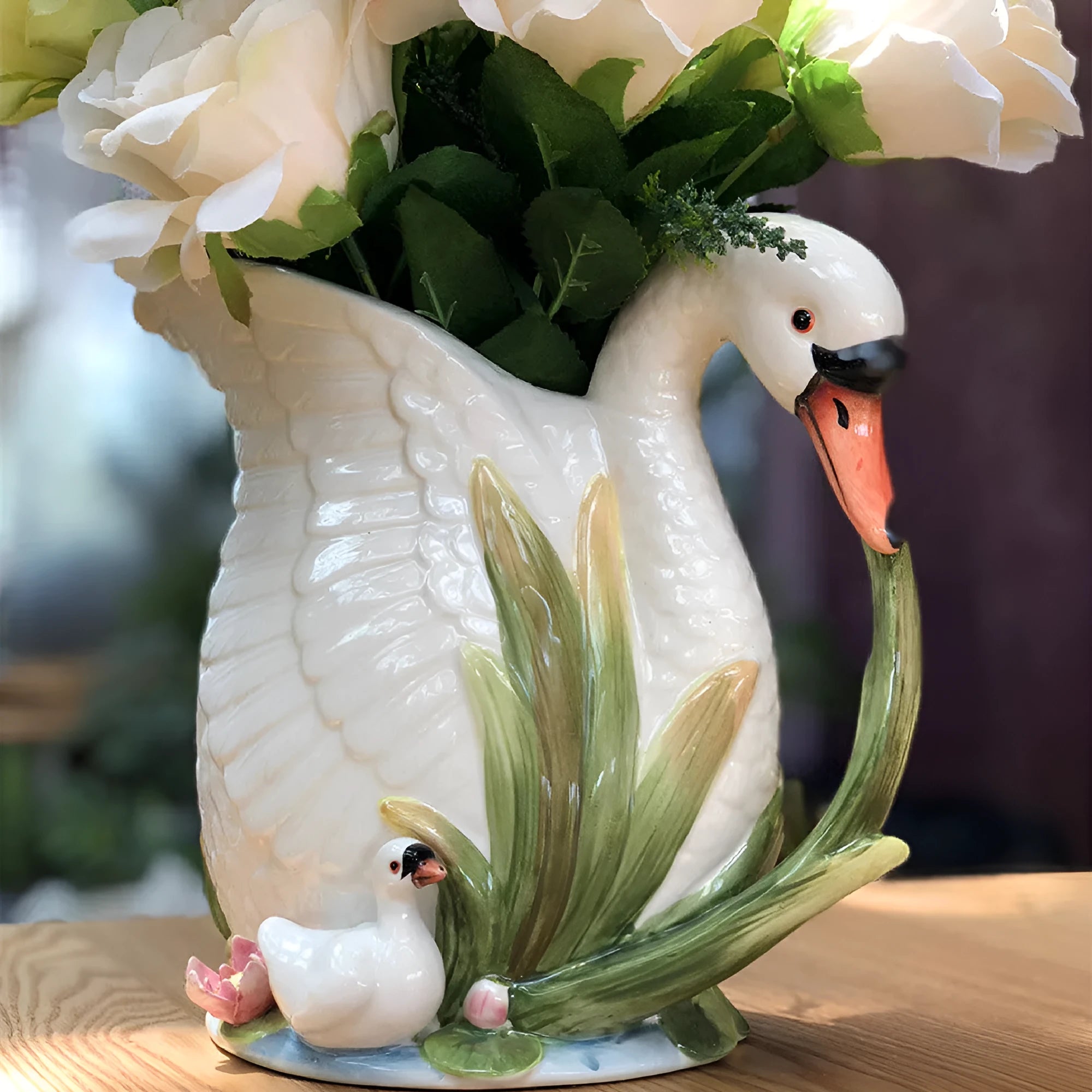 Ceramic swan vase with all-over embossed pattern, 24cm long, 15cm wide, 20cm tall, pastoral style home decoration