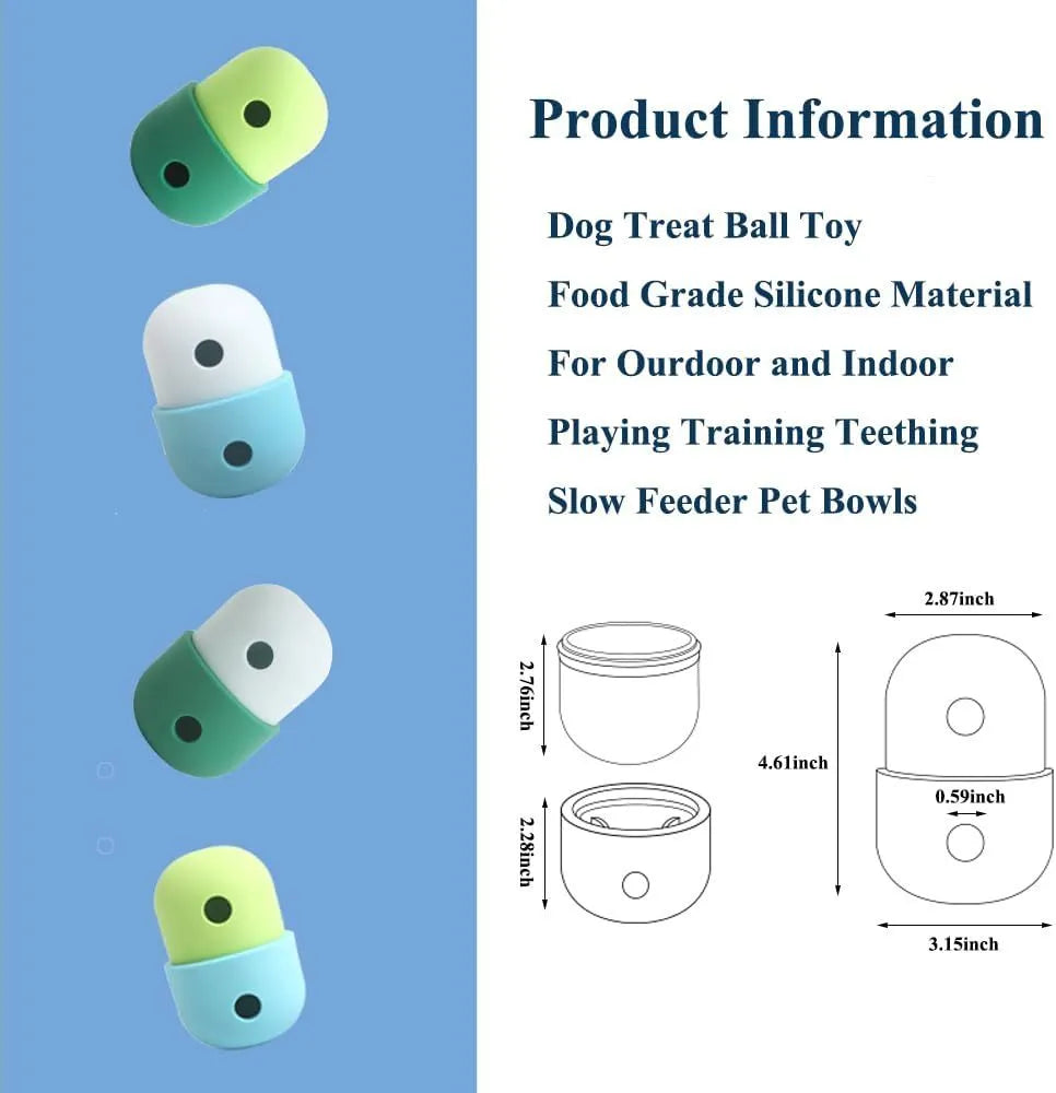 White and blue food-grade silicone dog treat puzzle ball for interactive chase play.